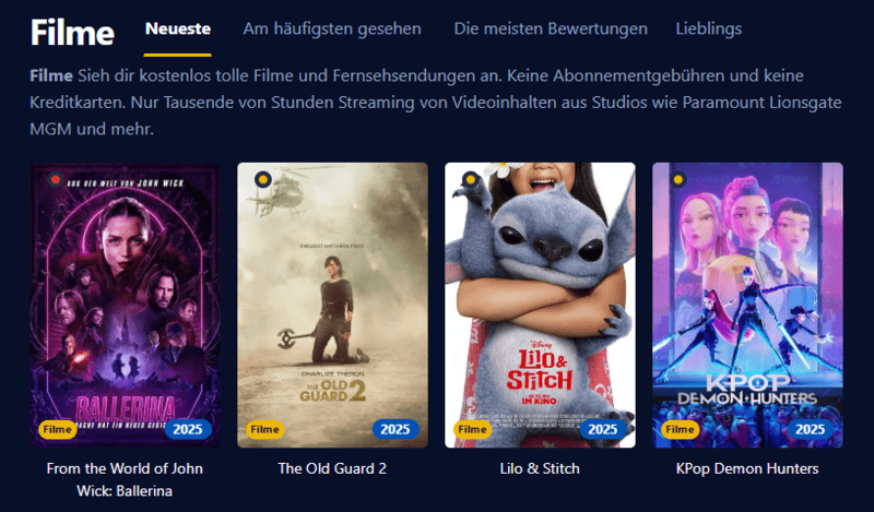 Screenshot der Benutzeroberfl&auml;che von Einschalten die eine moderne Streaming-Plattform mit Filmen und Serien anzeigt